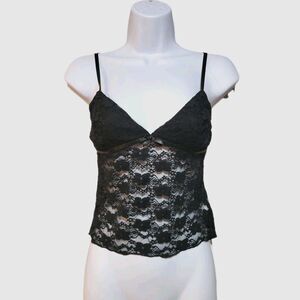 Y2K Fairy Grunge Black Lace Sheer Babydoll Cami Top Womens Small Floral Dainty